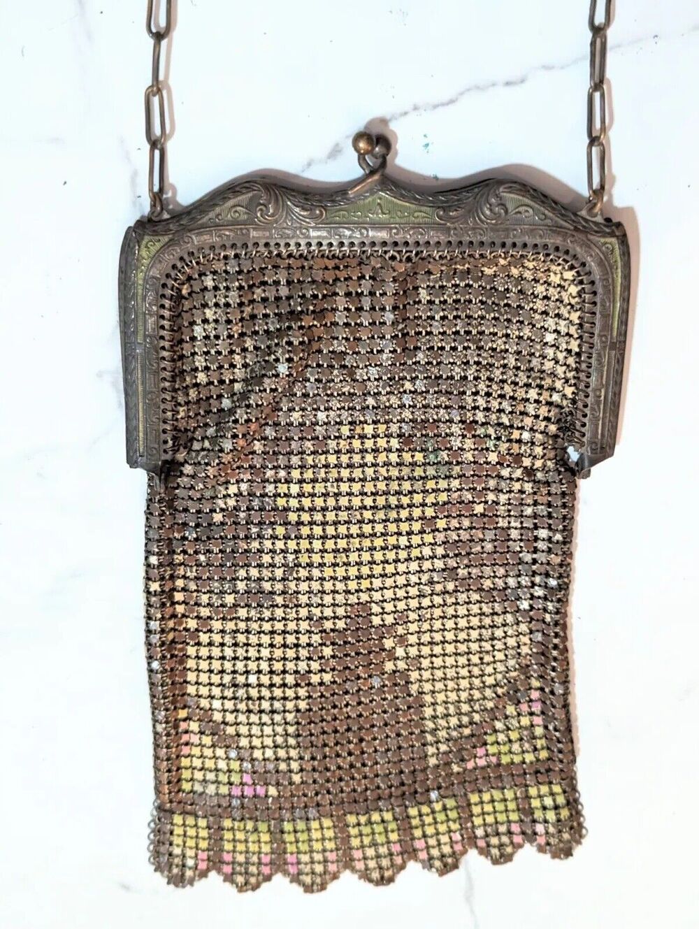 Vtg Antique Art Nouveau Gold Silver French Mesh Link Micro Bead Fringe Bag Purse